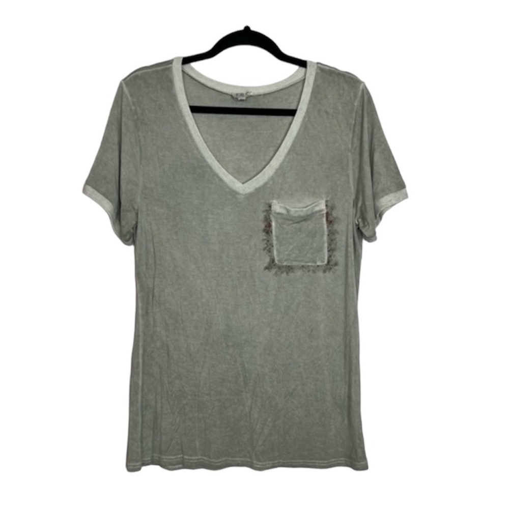 POL V Neck Fray Pocket Gray Green Tee size Medium